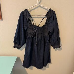 Free People Denim Mini Dress with Tie Front and Smocked Top